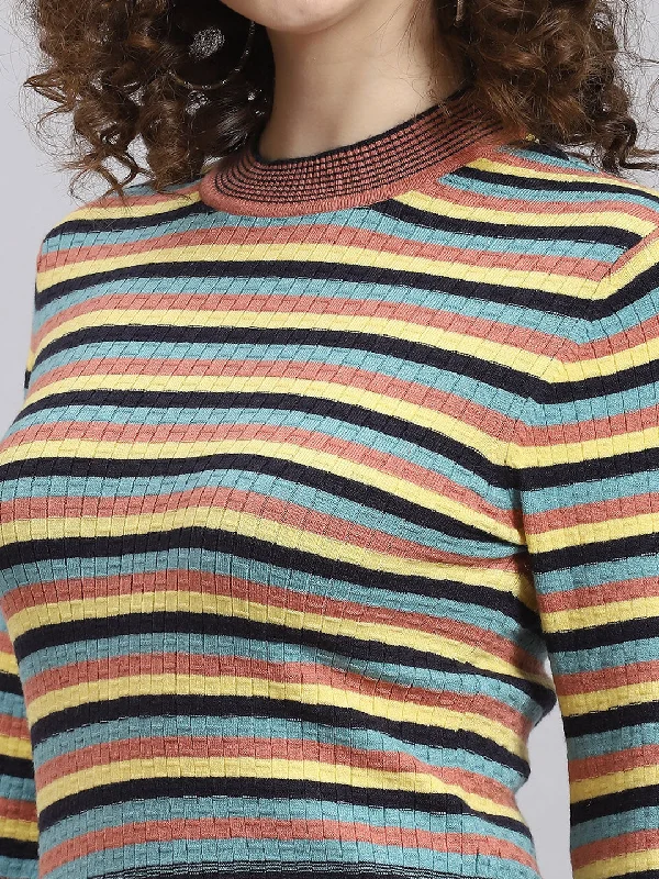 Women Multicolor Stripe Round Neck Full Sleeve Sweatshirt