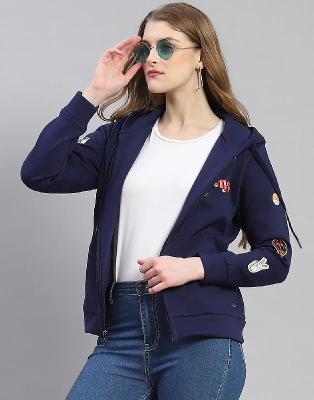 Women Navy Blue Embroidered Hooded Full Sleeve Sweatshirt