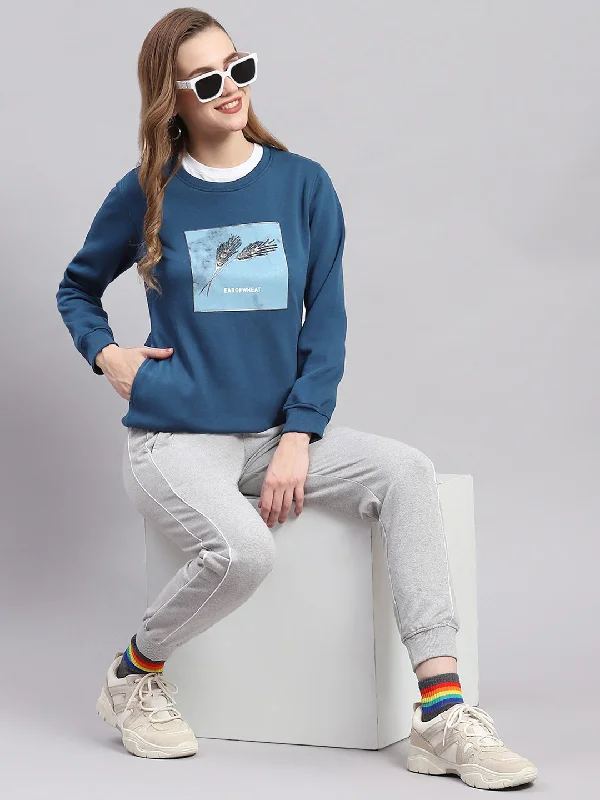 Women Navy Blue Printed Round Neck Full Sleeve Sweatshirts