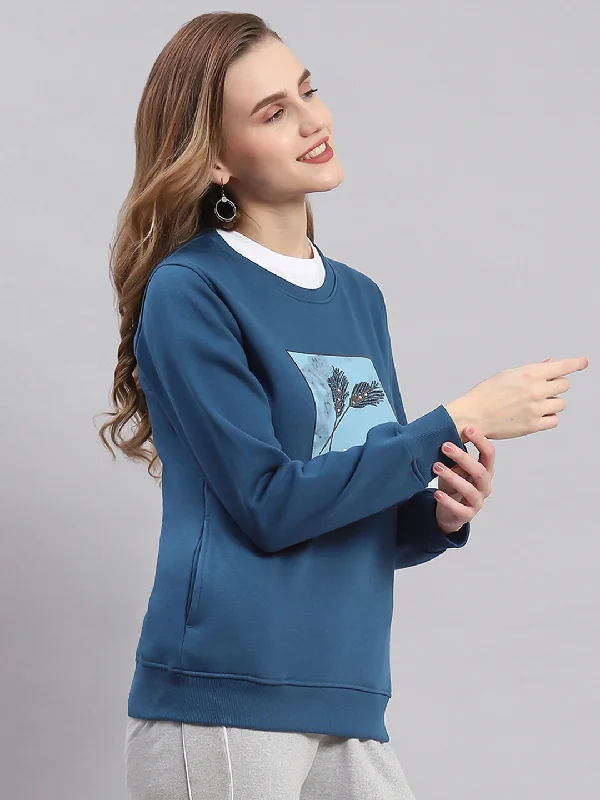 Women Navy Blue Printed Round Neck Full Sleeve Sweatshirts