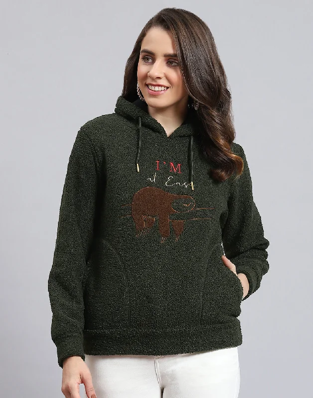 Women Olive Embroidered Hooded Full Sleeve Sweatshirt