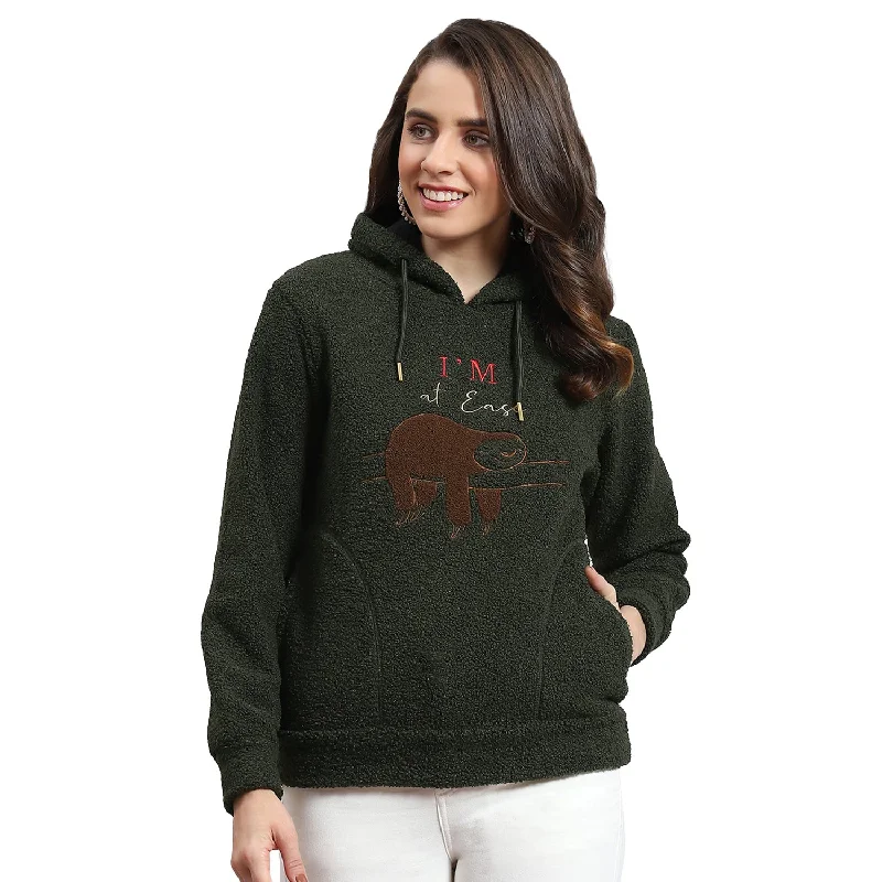 Women Olive Embroidered Hooded Full Sleeve Sweatshirt