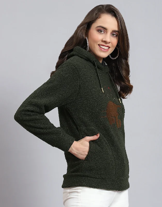 Women Olive Embroidered Hooded Full Sleeve Sweatshirt