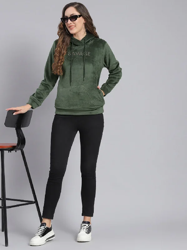 Women Olive Printed Hooded Full Sleeve Sweatshirts