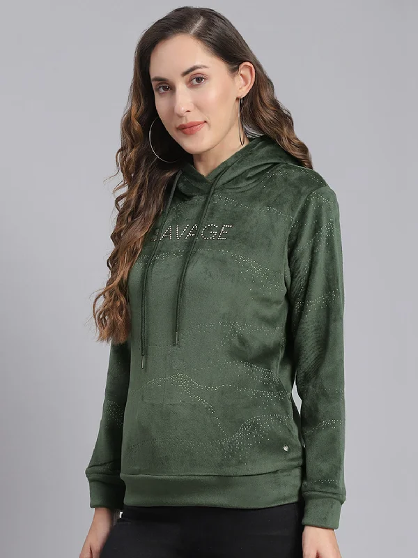 Women Olive Printed Hooded Full Sleeve Sweatshirts