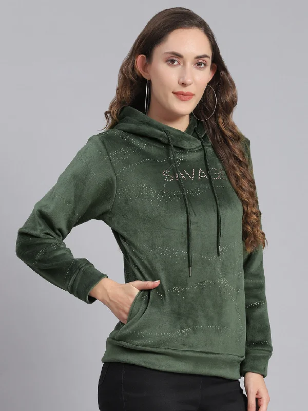 Women Olive Printed Hooded Full Sleeve Sweatshirts