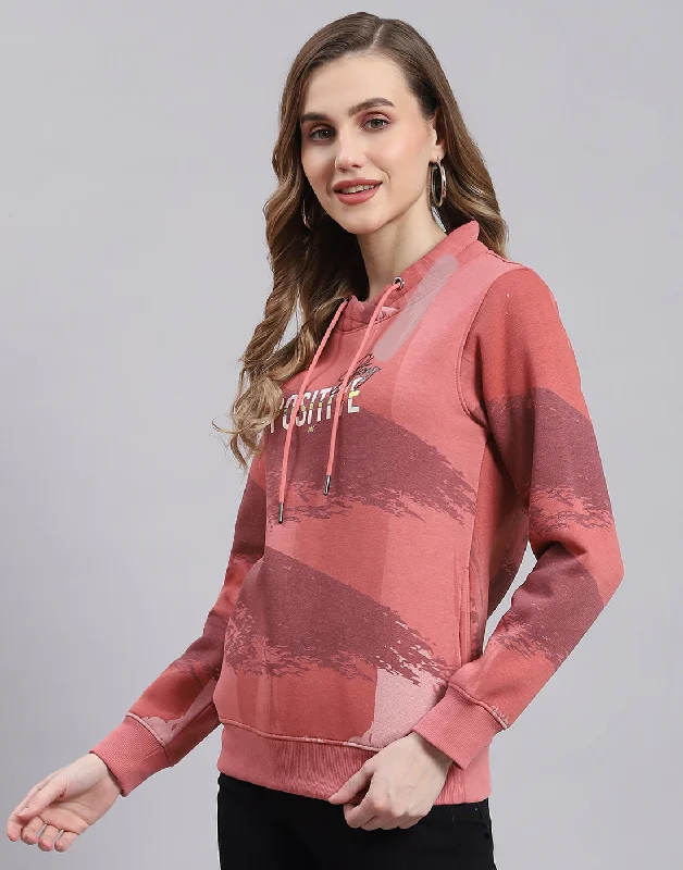 Women Peach Printed Round Neck Full Sleeve Sweatshirt