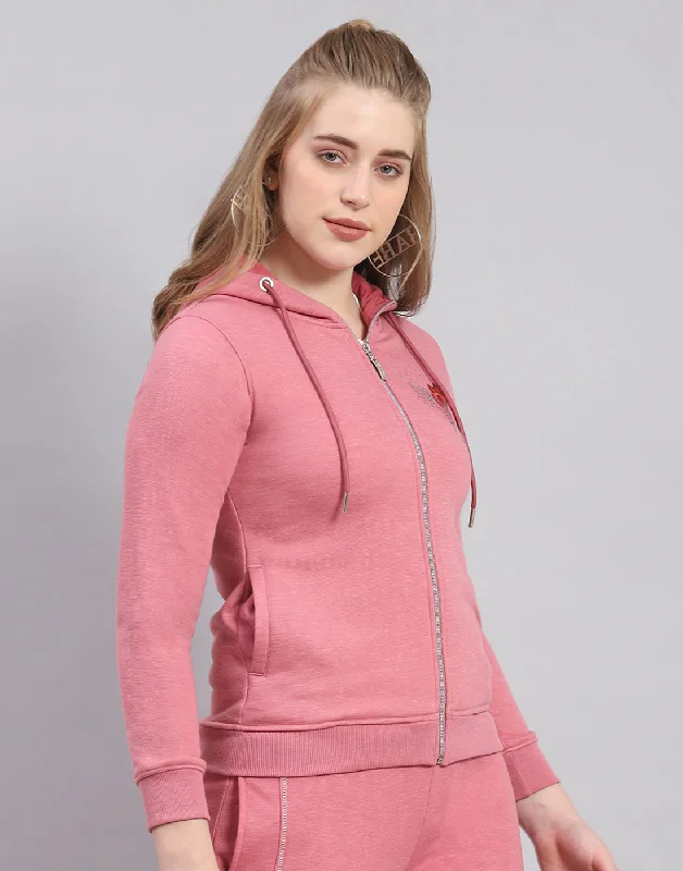 Women Pink Printed Hooded Full Sleeve Sweatshirt