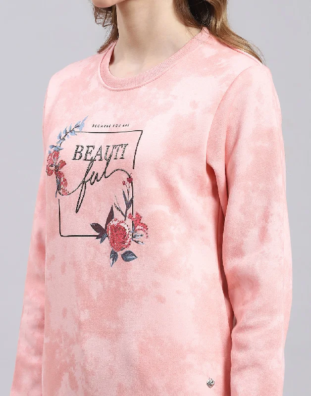 Women Pink Printed Round Neck Full Sleeve Sweatshirt