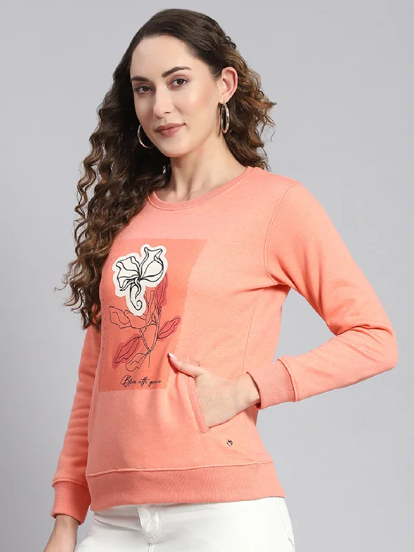 Women Pink Printed Round Neck Full Sleeve Sweatshirts