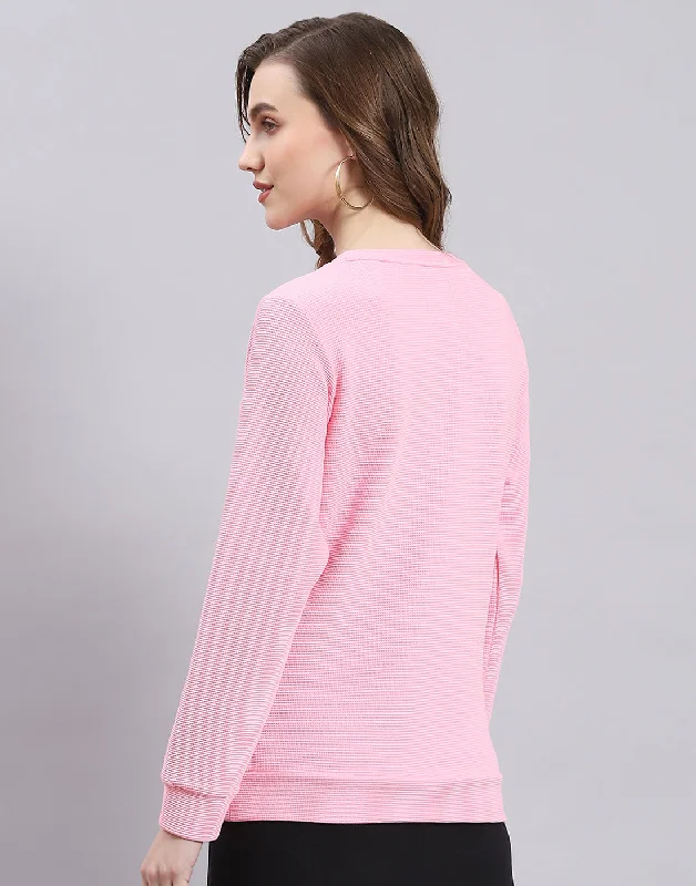 Women Pink Self Design Round Neck Full Sleeve Sweatshirt