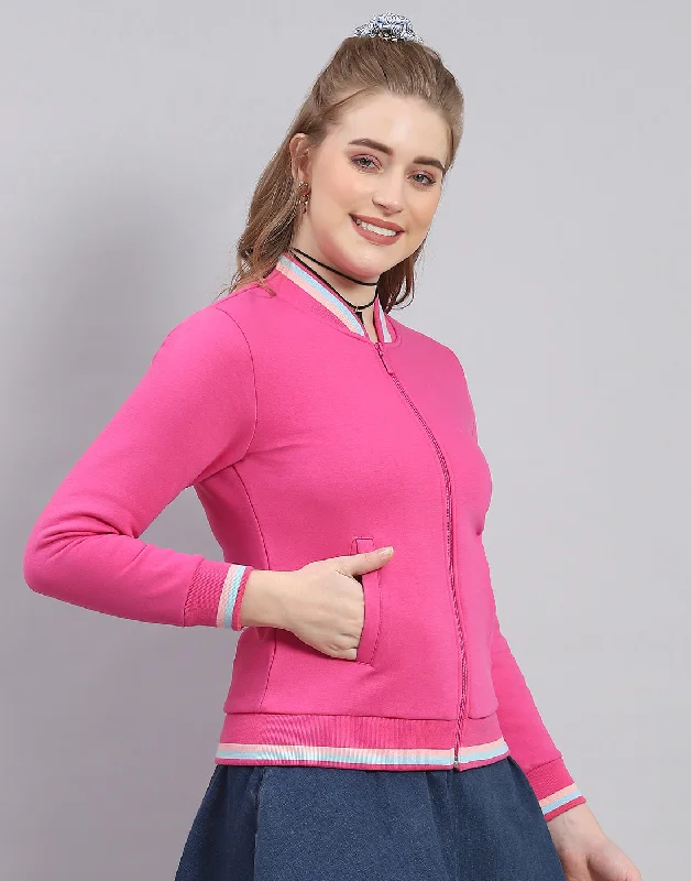 Women Pink Solid Mandarin Collar Full Sleeve Sweatshirt