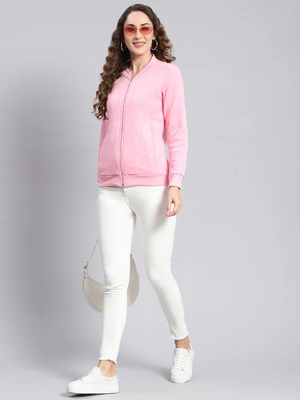 Women Pink Solid Mandarin Collar Full Sleeve Sweatshirts