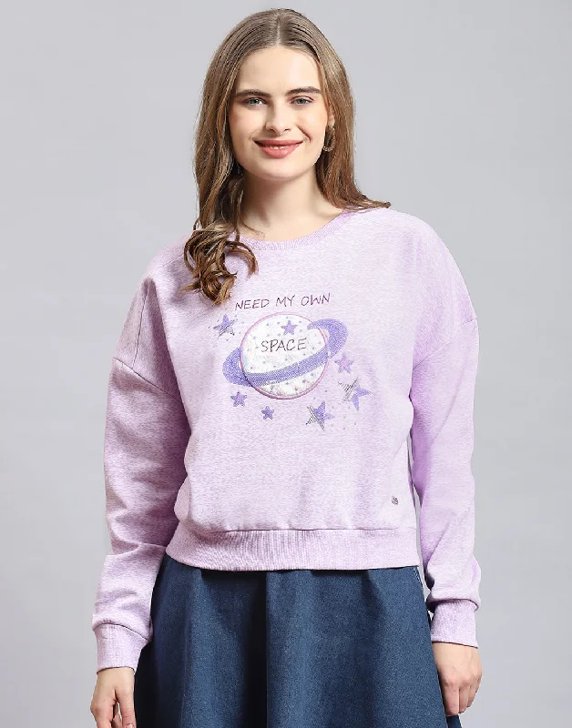 Women Purple Embellished Round Neck Full Sleeve Sweatshirt