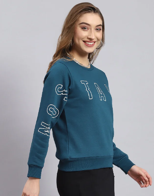 Women Teal Blue Printed Round Neck Full Sleeve Sweatshirt