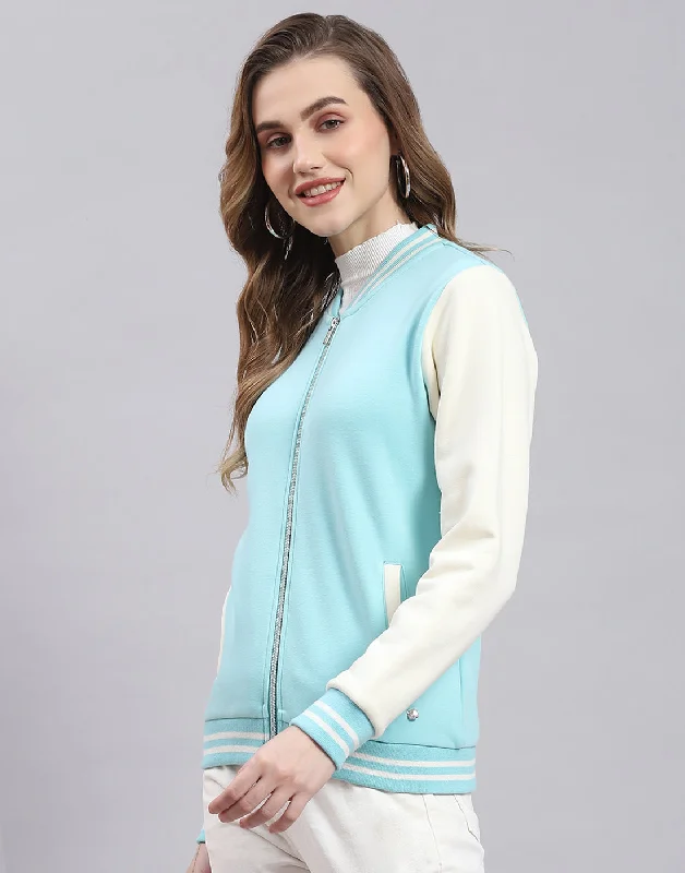 Women Turquoise Blue Solid Stand Collar Full Sleeve Sweatshirt