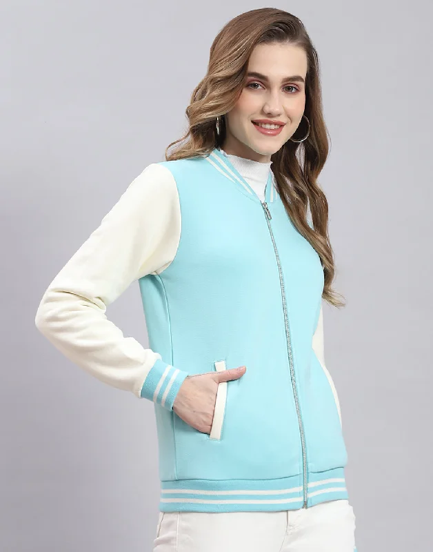 Women Turquoise Blue Solid Stand Collar Full Sleeve Sweatshirt