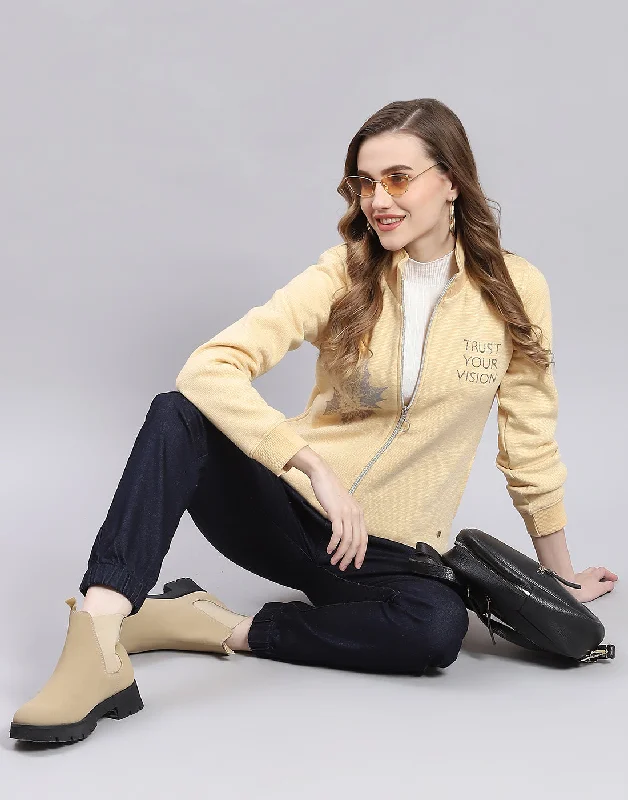 Women Yellow Printed Stand Collar Full Sleeve Sweatshirt