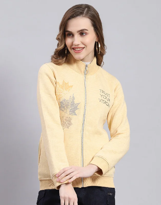 Women Yellow Printed Stand Collar Full Sleeve Sweatshirt