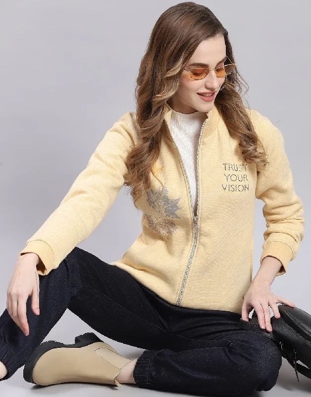 Women Yellow Printed Stand Collar Full Sleeve Sweatshirt