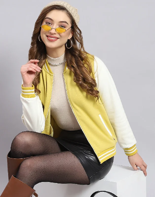 Women Yellow Solid Stand Collar Full Sleeve Sweatshirt