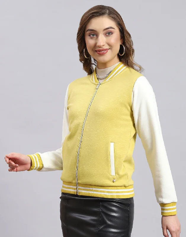 Women Yellow Solid Stand Collar Full Sleeve Sweatshirt