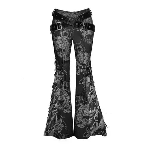 Women's Punk Black Tassel Ripped Dragon Pattern Flare Pants with Belt