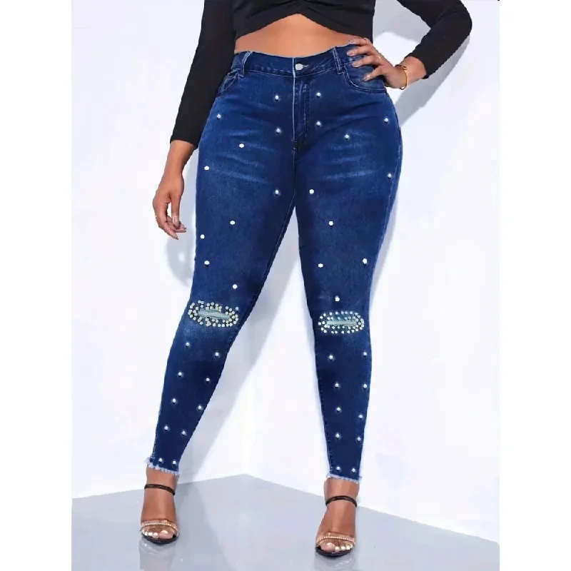 Women's Sexy Pearl Decor Raw Hem Street Style Denim Skinny Pants