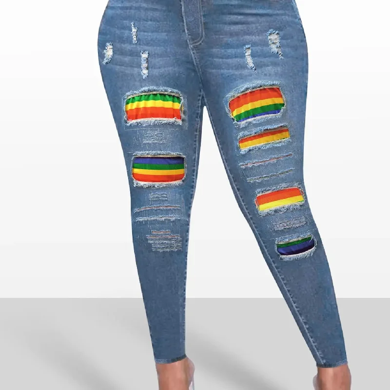 Women's Sexy Ripped Rainbow Printed Patchwork High Rise Skinny Pants