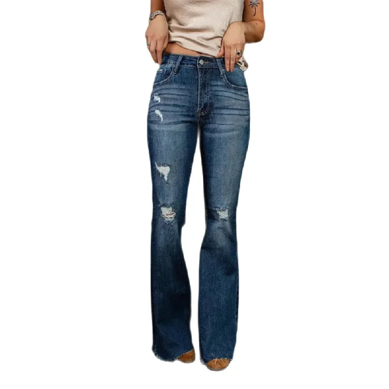 Women's Skinny Fit High Waist Ripped Casual Flare Style Jean Pants