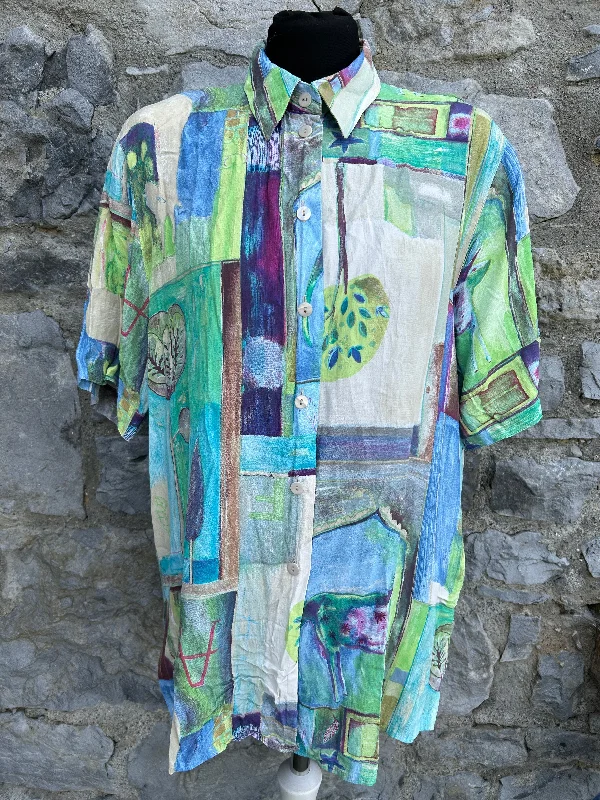 80s blue&green patchwork shirt   Medium