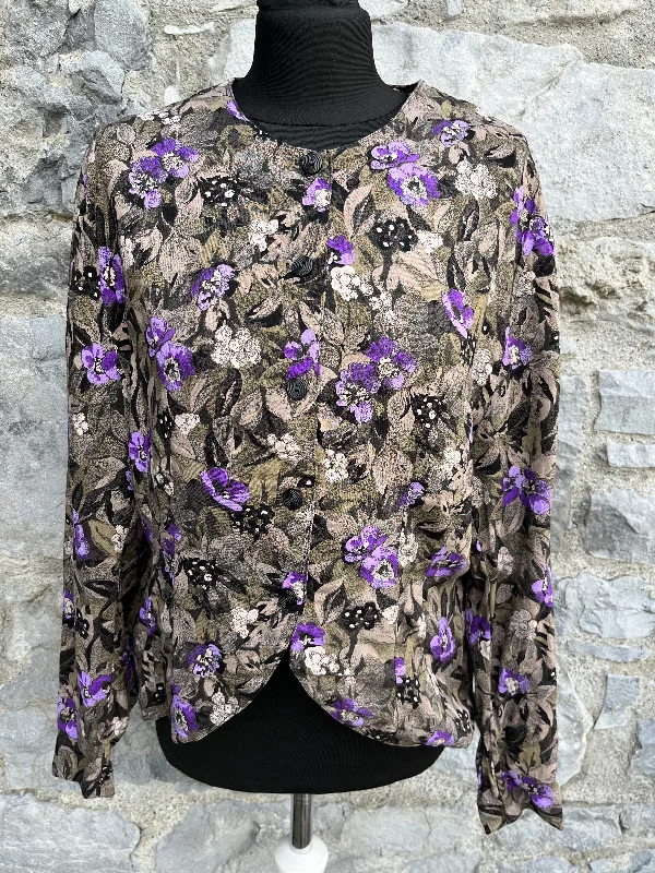 80s grey&purple floral blouse uk 10-12