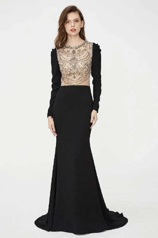 Angela & Alison - Illusion Embellished Trumpet Evening Dress 81056 - 1 pc Black In Size 14 Available Bodycon Fitted Nightout