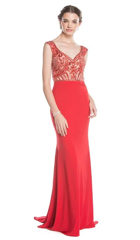 Aspeed Design - Embroidered Wide V-neck Sheath Evening Dress Off-the-shoulder Chic Trendy
