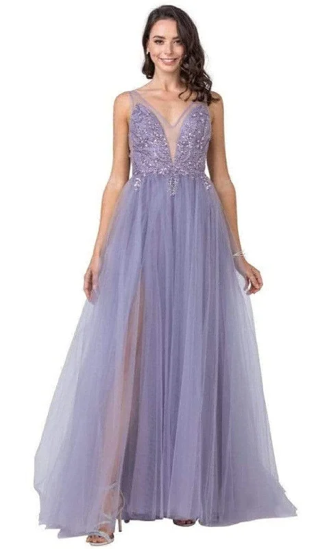 Aspeed Design - L2390 Illusion V-Neck A-Line Evening Dress Off-the-shoulder Bohemian Festive
