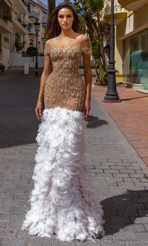 Chic and Holland HF110349 - Cold Shoulder Feather Evening Dress Tunics Winter warm
