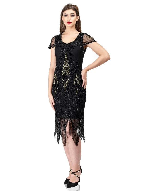 Flapper Style Fringe Party Dress in Black Gold Cowl Neckline Elegant
