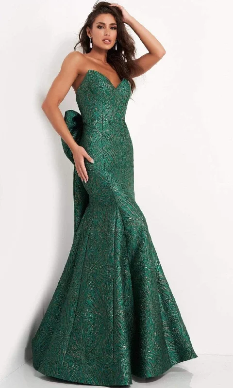 Jovani - 04158 Strapless Bow Accent Open Back Jacquard Evening Dress High-Low Hemline Casual