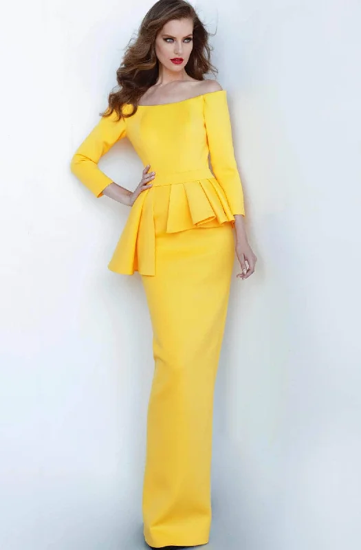 Jovani - Pleated Peplum Evening Dress 2144SC - 1 pc Yellow In Size 16 Available Turtleneck Neckline Stylish