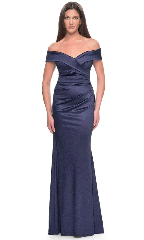 La Femme 31621 - Off Shoulder Satin Evening Dress Tunics Short Trendy