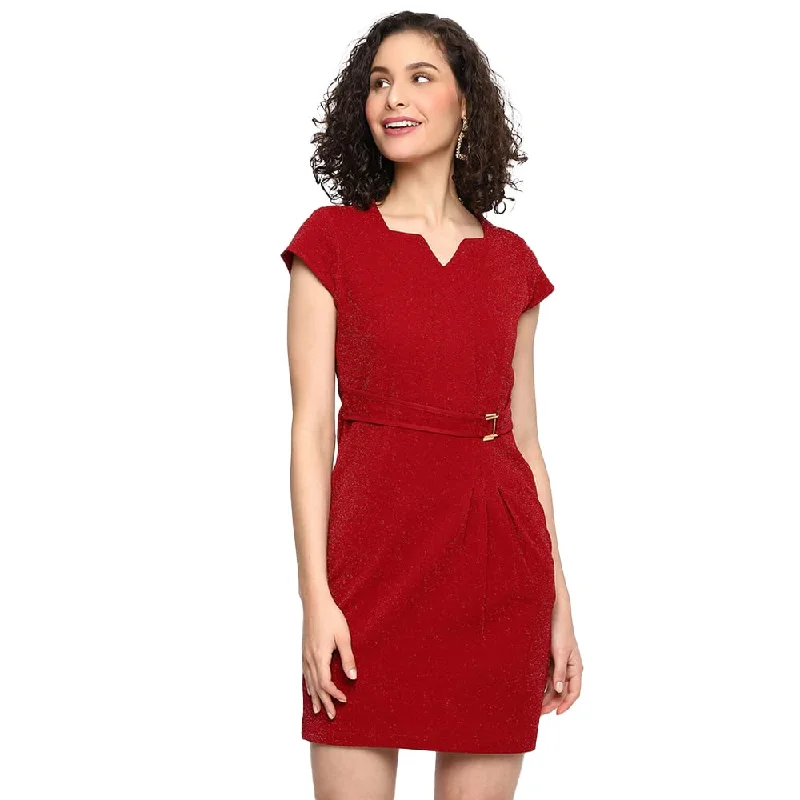 Latin Quarters Women's Maroon Solid Short Party Dress_L Tunics Bridal satin