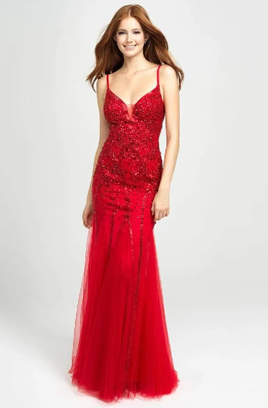 Madison James - Beaded Plunging Godet Trumpet Evening Dress 19-105 - 1 pc Red In Size 4 Available Tunics Review highly
