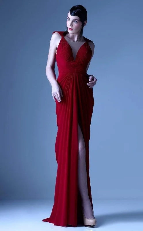 MNM Couture - G0919 Illusion V Neckline Draped Pleated Evening Dress Tunics Canvas sturdy