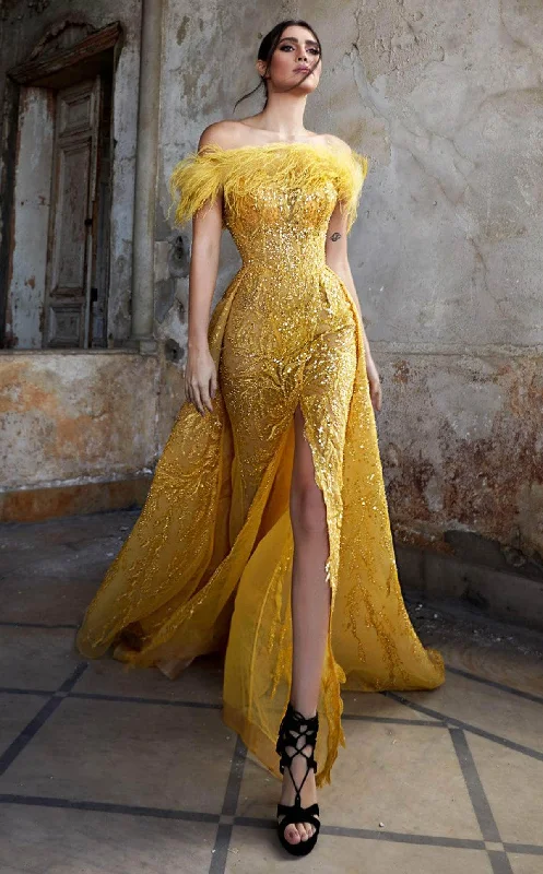 MNM Couture K3942 - Feather Detailed Off Shoulder Evening Dress Tunics Prom sequined