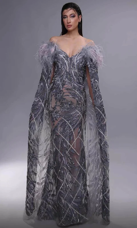 MNM Couture K4097 - Feathered Cap Sleeve Evening Dress Tunics Winter warm
