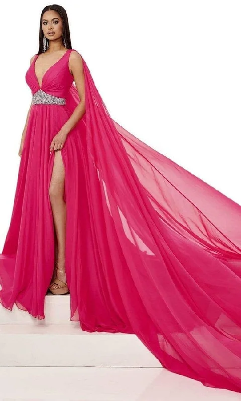 Rachel Allan - Plunging V-Neck Evening Dress 50043 - 1 pc Bright Pink Multi In Size 2 Available Lace Sexy Club