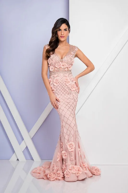 Terani Couture - 1722GL4488 Beaded Floral Applique Evening Dress Tunics Yoga stretchy